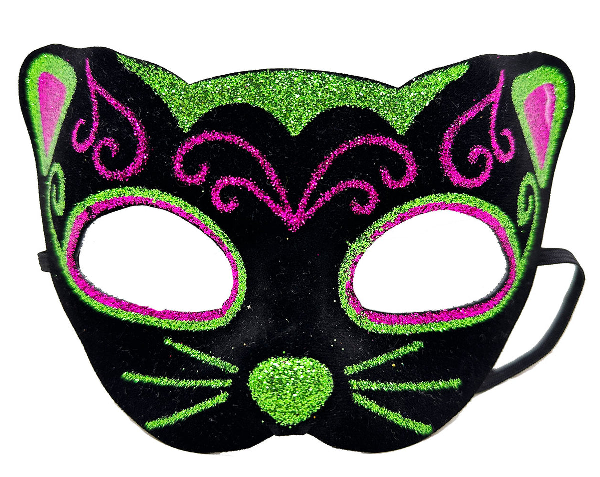 Siyah Kadife Kaplama Üzeri Pembe Yeşil Sim İşlemeli Kedi Maskesi 20x13 cm (5538) 1