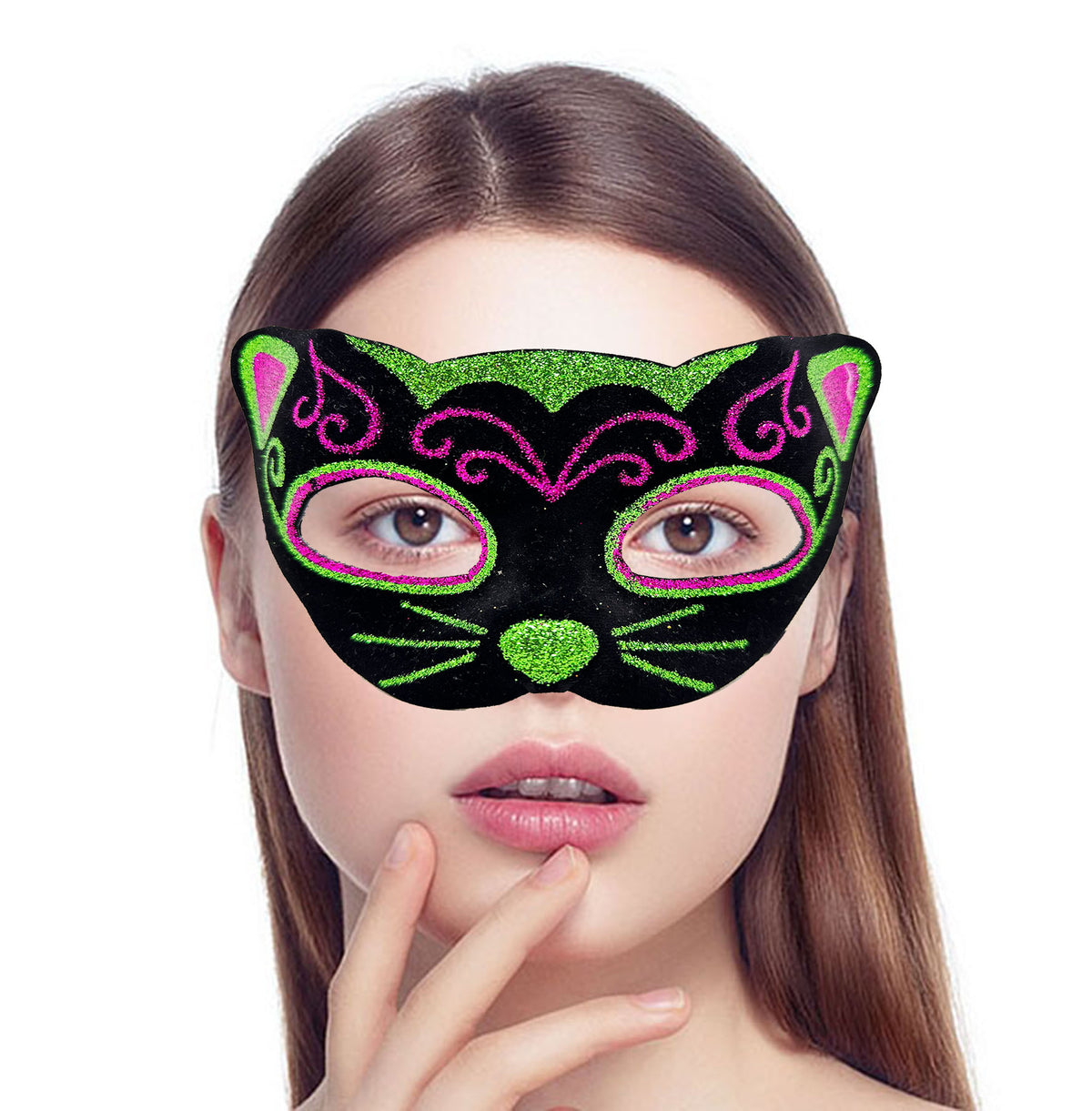 Siyah Kadife Kaplama Üzeri Pembe Yeşil Sim İşlemeli Kedi Maskesi 20x13 cm (5538) 2