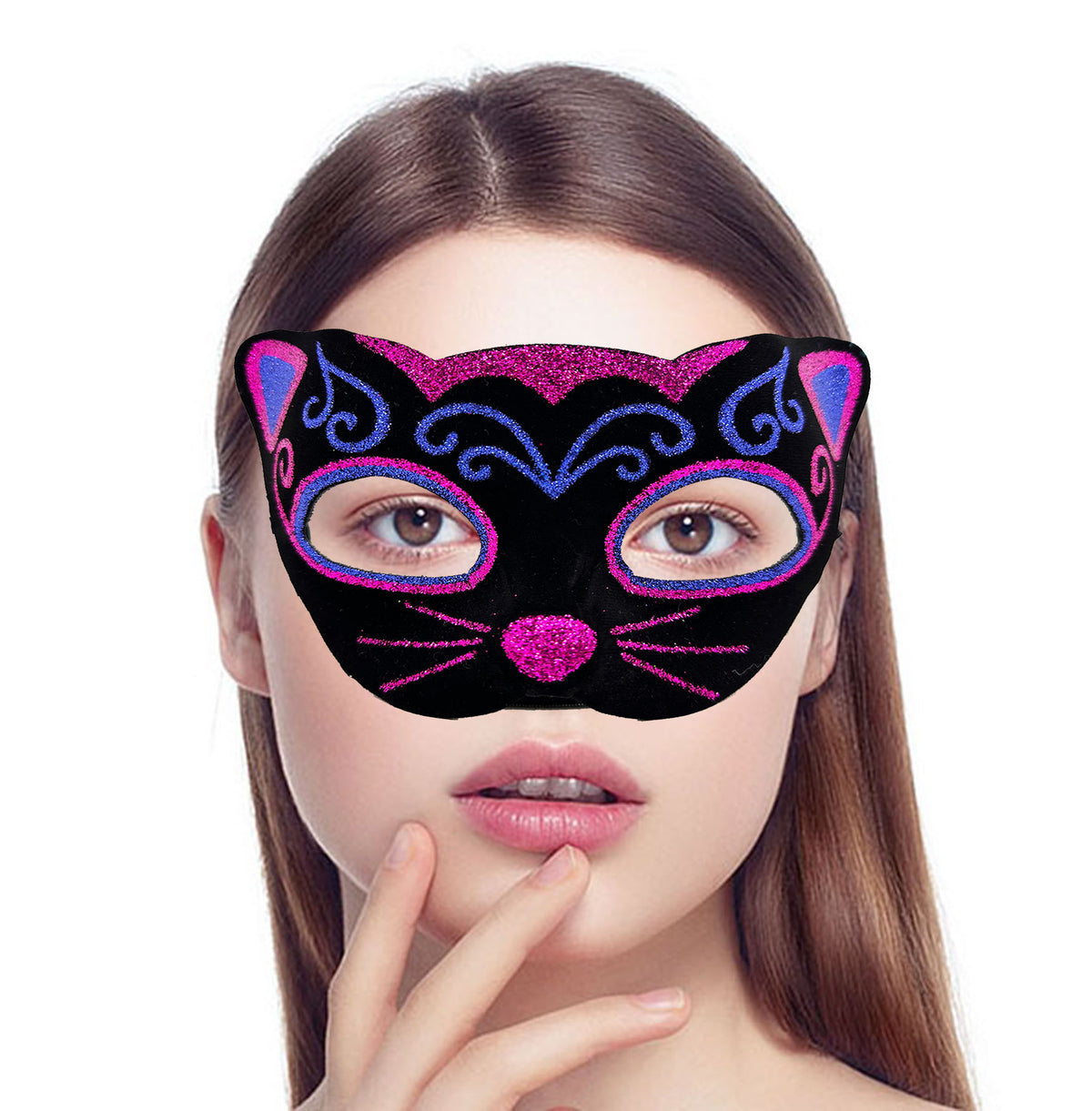Siyah Kadife Kaplama Üzeri Pembe Mavi Sim İşlemeli Kedi Maskesi 20x13 cm (5538) 2