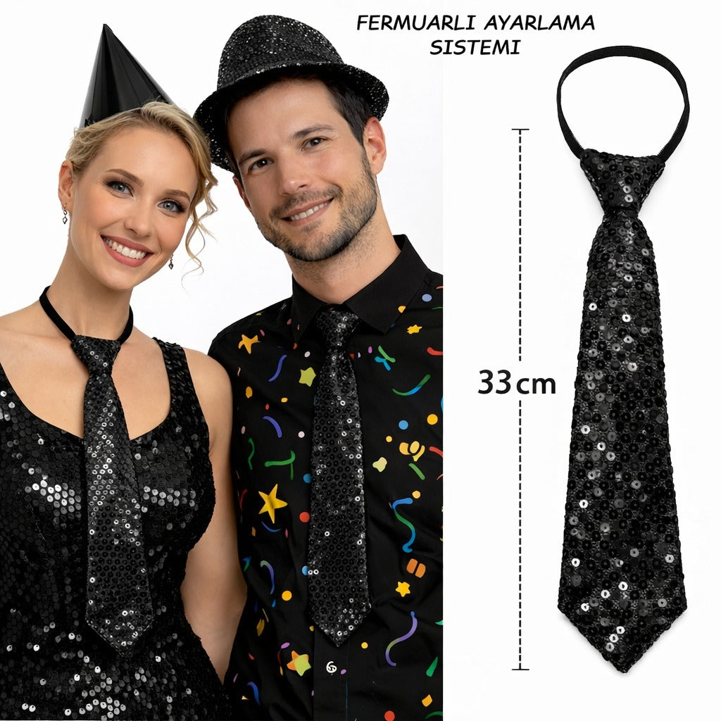 Siyah Renk Pul Payetli Işıltılı Parti Kravatı 33 cm (5538) 1