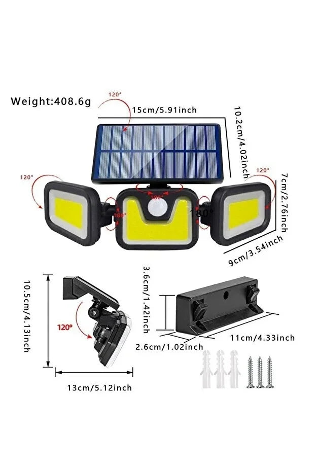 Üçlü Solar Led Projektör – Beyaz Işık – Sensörlü Dış Mekân Aydınlatma (5538) 1