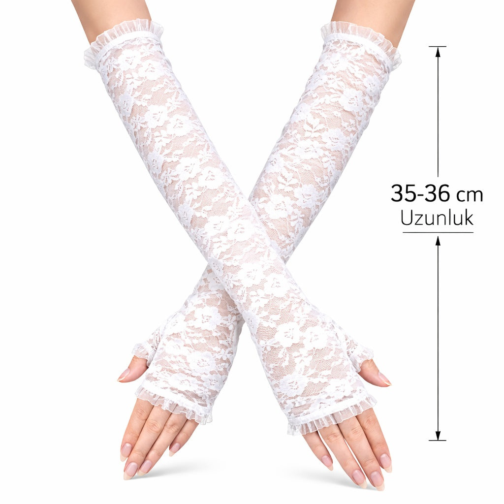 Uzun Zarif Dantel Eldiven Parmaksız Beyaz 35 cm (5538) 1