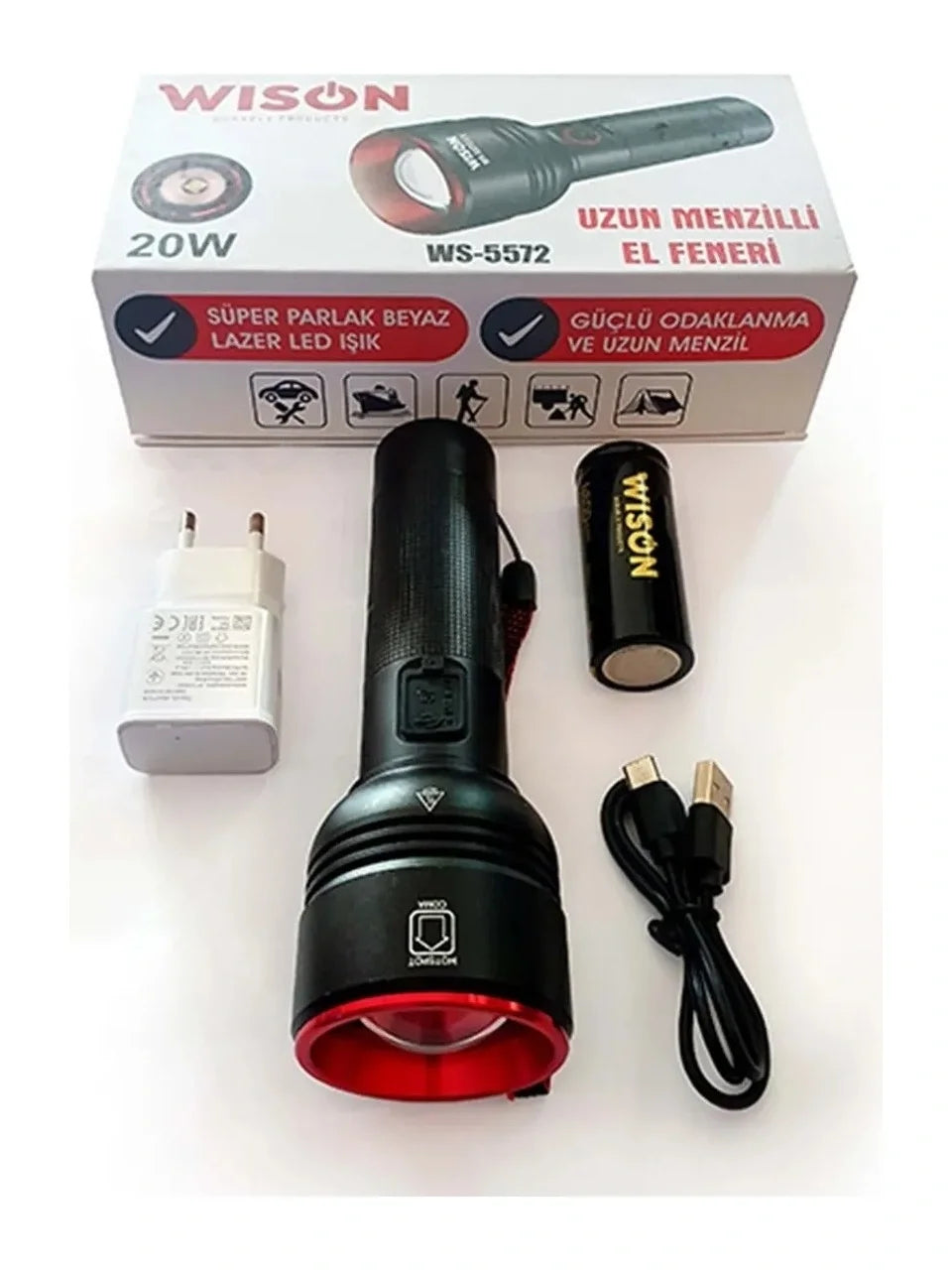 WISON WS-5572 20W Uzun Menzilli Şarjlı Metal El Feneri (5538) 1
