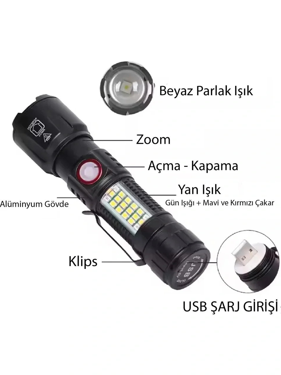 WS-2828 Ultra USB Şarjlı Polis El Feneri, Bekçi, Asker El Feneri Kırmızı Mavi Çakarlı 1000 Lümen (5538) 1