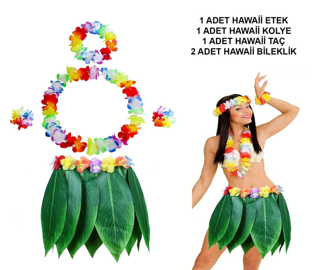 Yetişkin Hawaii Kostüm Seti - Yaprak Etek & Hawaii Set - 5 Parça (5538) 1