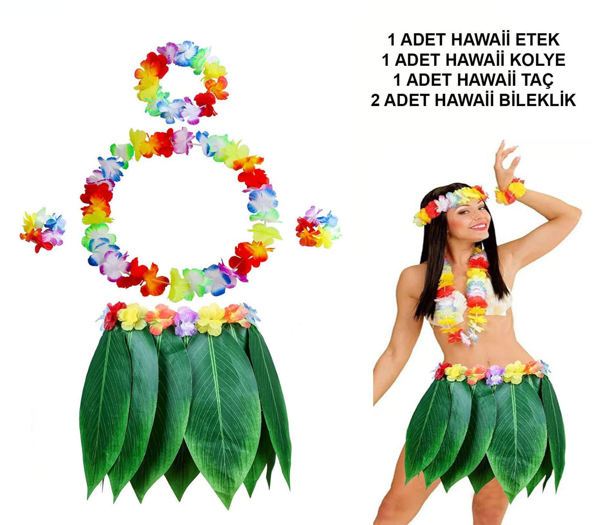 Yetişkin Hawaii Kostüm Seti - Yaprak Etek & Hawaii Set - 5 Parça (5538) 1