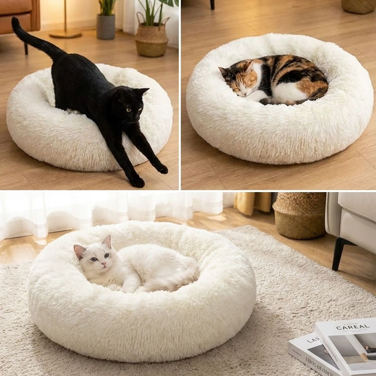 Yuvarlak Ultra Yumuşak Welsoft Peluş Kedi ve Köpek Yatağı – Kaymaz Taban Tüylü Pet Pufu,Uyku Minderi (krem) (5538) 3
