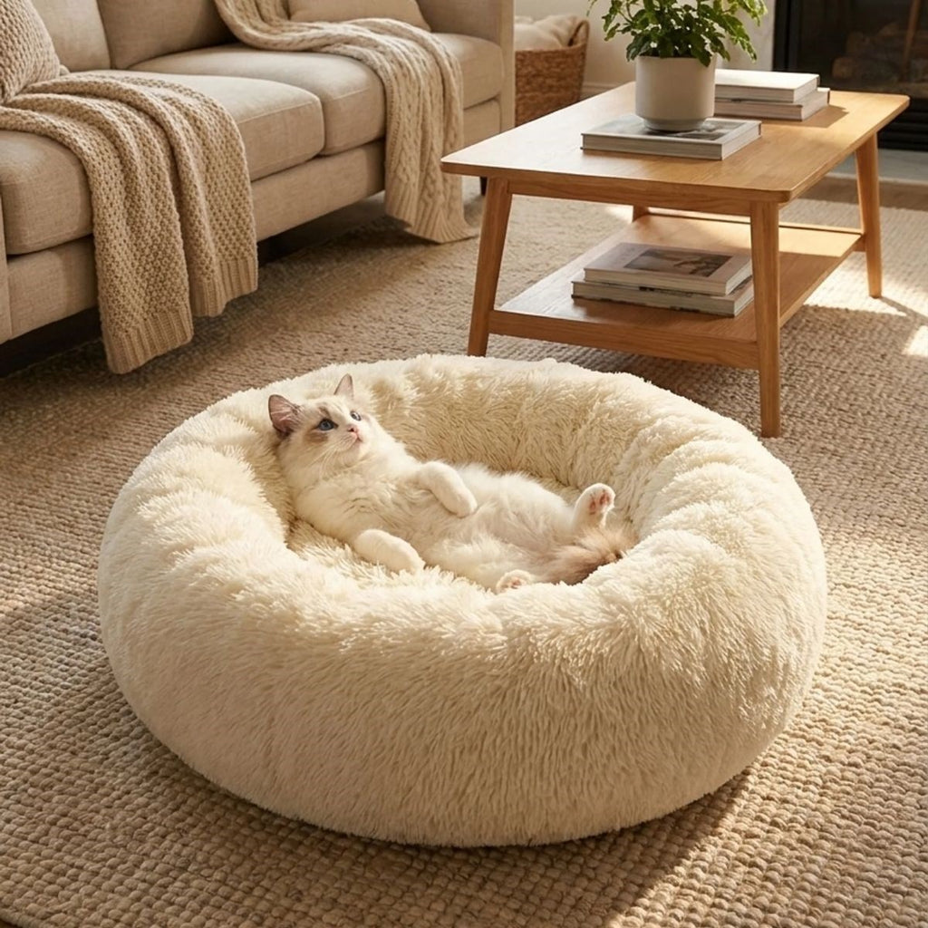 Yuvarlak Ultra Yumuşak Welsoft Peluş Kedi ve Köpek Yatağı – Kaymaz Taban Tüylü Pet Pufu,Uyku Minderi (krem) (5538) 4