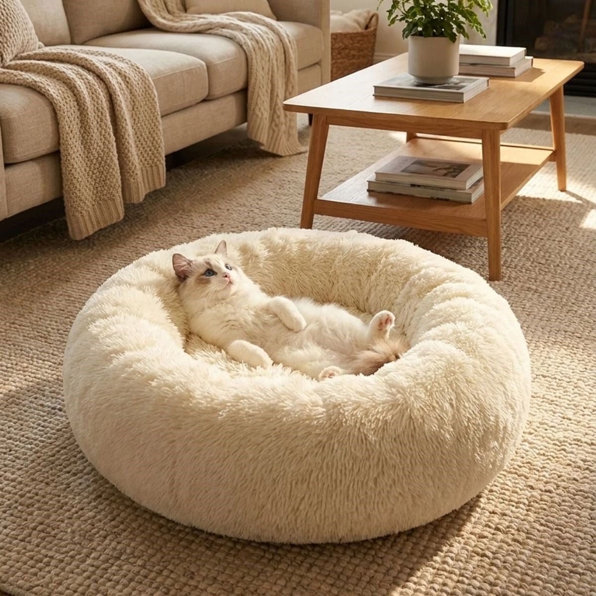 Yuvarlak Ultra Yumuşak Welsoft Peluş Kedi ve Köpek Yatağı – Kaymaz Taban Tüylü Pet Pufu,Uyku Minderi (krem) (5538) 4