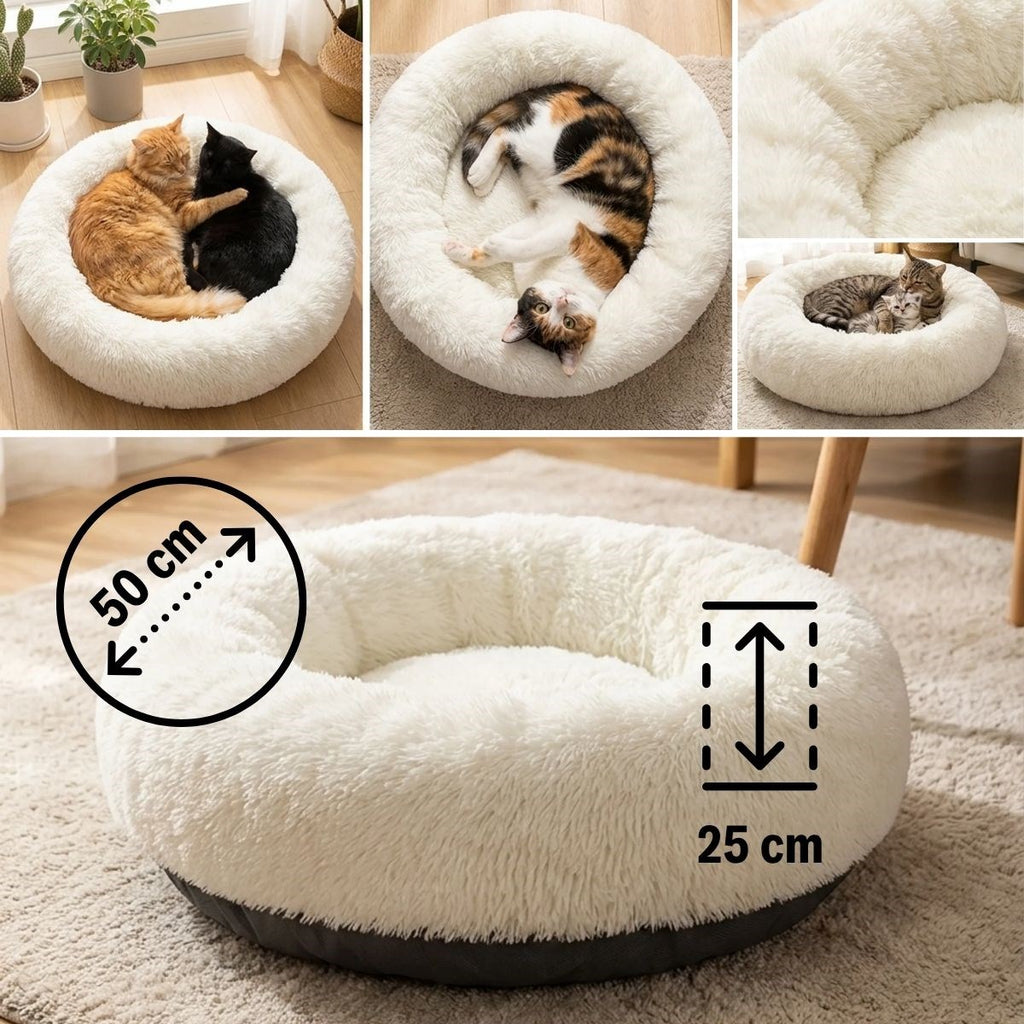 Yuvarlak Ultra Yumuşak Welsoft Peluş Kedi ve Köpek Yatağı – Kaymaz Taban Tüylü Pet Pufu,Uyku Minderi (krem) (5538) 5